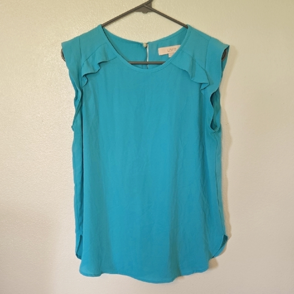 Loft Aqua Chiffon Cap Sleeve Blouse Size Small